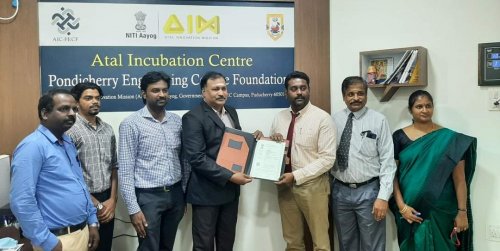 MoU has been signed between Atal Incubation Center-Pondicherry Engineering College Foundation represented by Dr.R.Sundaramurthy, Executive Director & Sri Venkateshwaraa College of Engineering & Technology, Dr. S. Pradeep Devaneyan, Principal in the presence of Dr. K. B. Jayarraman, Dean, SVCET, Dr. G, Amuthavalli, R&D coordinator & Mr. J. Anandraj, Placement Officer.