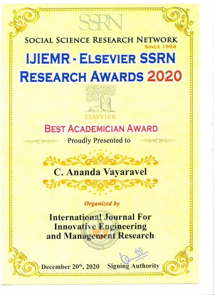 BEST ACADEMICIAN AWARD 2020 - Sri Venkateshwaraa College of Paramedical Sciences, Puducherry