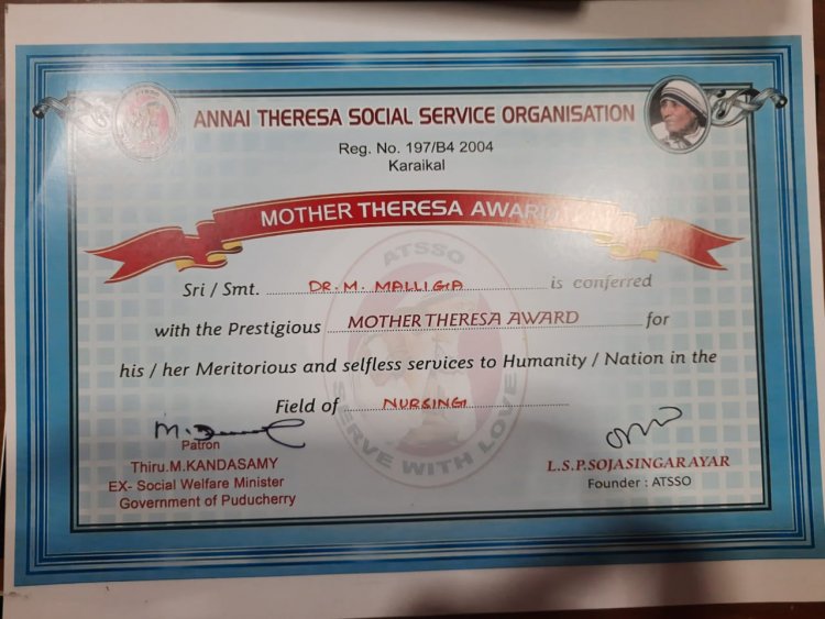Dr. Prof. MalligaKannan, Principal of Indirani College of Nursing is conferred with the prestigious Mother Theresa Award - Indirani College of Nursing, Ariyur, Puducherry 605 102.