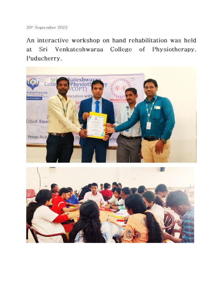 An interactive Workshop on hand rehabilitation was held at sri venkateshwaraa college of Physiotherapy