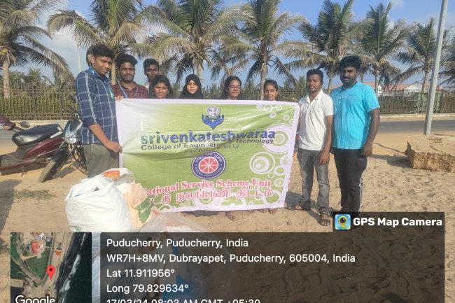 SVCET NSS Beach cleaning activity on 17/03/2024  at Pondicherry Marina Beach