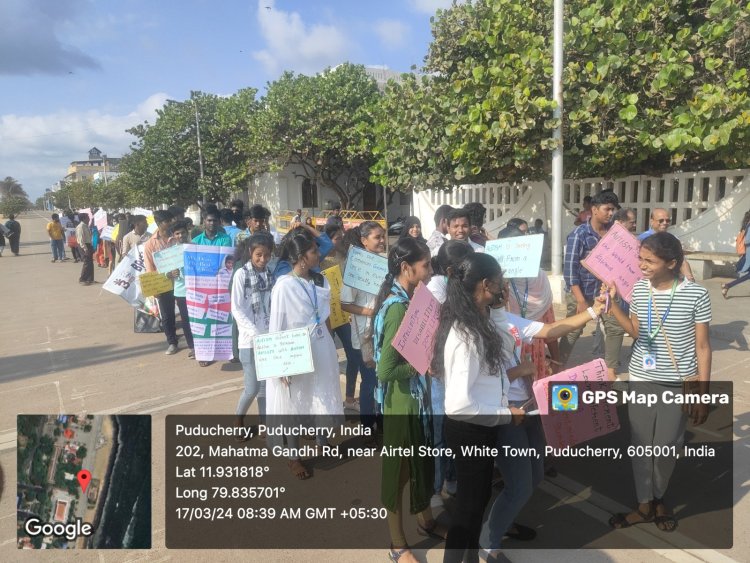 SVCET NSS team conducted  awareness  SILENT WALKTON program on 17.03.2024 at Pondicherry Rock Beach