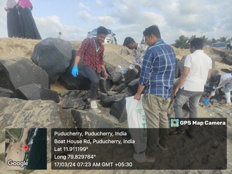 SVCET NSS Beach cleaning activity on 17/03/2024  at Pondicherry Marina Beach