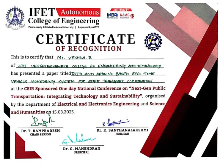 I year students participated in CSIR Sponsored One day National Conference  organised by IFET College of Engineering Autonomous on 15 March 2025
