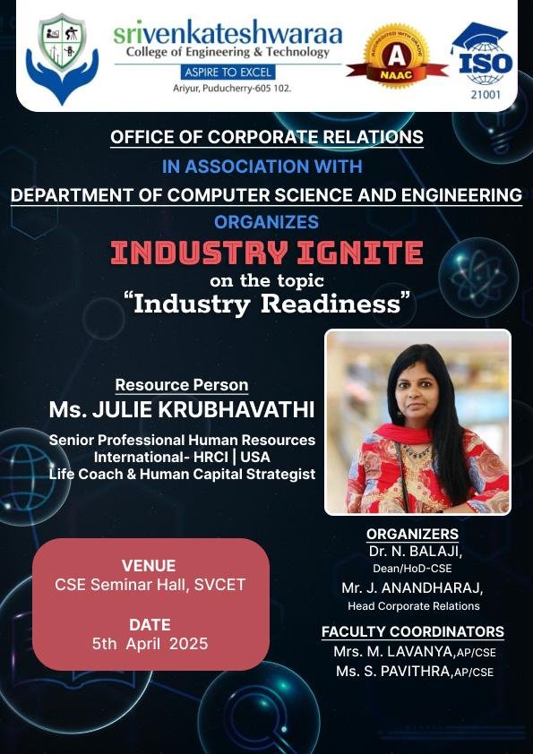 SVCET Office of corporate relations and Dept of CSE organised Industry Ignite Guest lecture session Industry Readiness