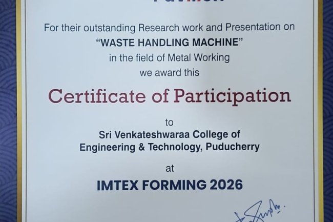 SVCET Mechanical research project has been selected for IMTEX 2026 at Bangalore